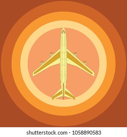 Yellow airplane top view on radial orange background