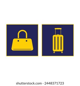 Yellow airport baggage or bags signage shadow silhouette vector illustration set bundle on square dark backgrounds. Simple flat cartoon object drawing.