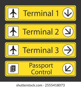 Yellow Airport Signs with monochromatic pictograms, navigation signs and pointers. design isolated on black background, vector illustration