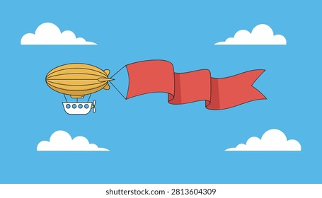Yellow airship blimp flying through bright blue skies and white clouds while pulling a large blank red promotional advertising banner.