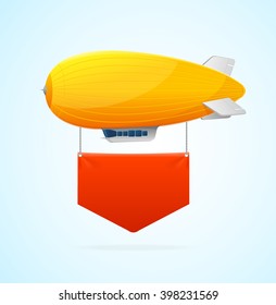 Yellow Airship Flying and Red Banner. Vector illustration