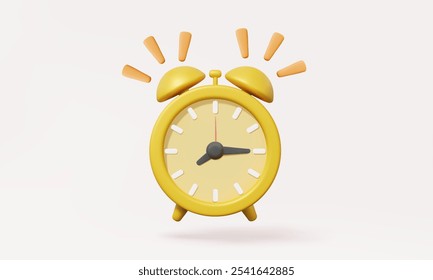 Yellow alarm clock 3D vector icon analog telling notification to school or working time management concept. Pointer 8 o'clock isolated floating on pastel background. cartoon design. 3d rendering