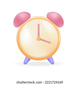 Reloj de alarma amarilla con timbre, hora roja y mini manos icono 3D. Temporizador para la cuenta regresiva a un evento importante o fecha límite de la ilustración vectorial 3D sobre fondo blanco. Administración de tiempo, concepto de recordatorio