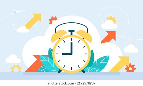 Yellow alarm clock, blue numbers, set the time placed on a table. Alarm clock wake-up time on isolated background. Time planning. Time Management. Deadline. Flat style. Vector business illustration