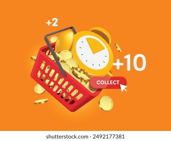 Yellow alarm clock and coins placed in red shopping basket for promotion design, collect points or coins from online shopping, vector 3d isolated on orange background for advertising design