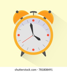 Yellow alarm clock in flat style. Retro icon with long shadow. Clock silhouette. Wake-up time. Vector illustration.