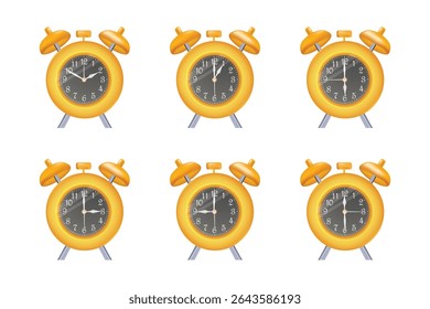 Yellow alarm clock icon set in various angles. Great for time management, wake-up, school schedule, or UI design.