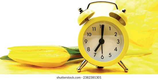 Yellow alarm clock and tulip flowers on the table vector. Alarm clock and tulips postcard. Good morning clock. Have a good day. Background from fresh flowers banner. Festive vector background.