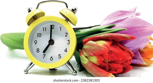 Yellow alarm clock and tulip flowers on the table vector. Alarm clock and tulips postcard. Good morning clock. Have a good day. Background from fresh flowers banner. Festive vector background.