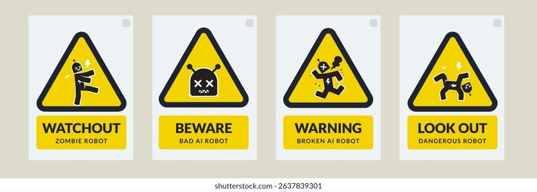 Yellow Alert Beware AI Robots. Various pose of Stick Figure. Vector Illustration