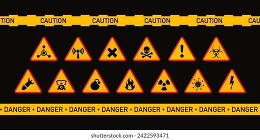 Yellow alert triangles, warning sign danger. Attention, poison, high voltage, radiation, biohazard, flammable signs.