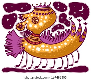 Yellow alien with purple crown on his head against the dark sky with stars and moon