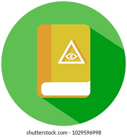 A yellow all-seeing eye on a book in a green circle isolated on white background. Vector icon.