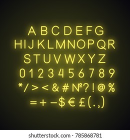 Yellow Alphabet, Numbers And Math Signs Neon Light Icon. ABC Glowing Symbols. Letters. Vector Isolated Illustration