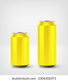 Las latas de aluminio amarillo se burlan aisladas sobre fondo blanco. 3.ª ilustración vectorial