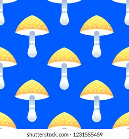 Yellow amanita, mushroom seamless pattern. Cute yellow geometric mushrooms on blue background.