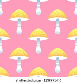 Yellow amanita seamless pattern, cute mushrooms on pink background.