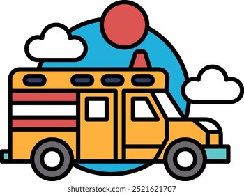 A yellow ambulance with a red sun in the background. The sun is shining brightly and the clouds are in the sky