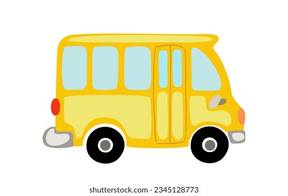 Yellow American school bus in cartoon style. Cute schoolbus for children. Toy transport side view. Childish flat vector illustration isolated on white background