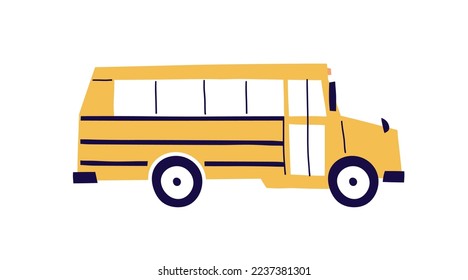 Autobús escolar americano amarillo al estilo escandinavo. Un pequeño autobús escolar para los niños. Vista lateral del transporte en ruedas de juguete nórdico Scandi. Ilustración de vector plana infantil aislada en fondo blanco