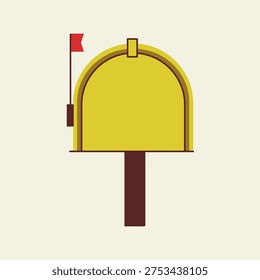 Yellow American-style mailbox on a post with a red flag