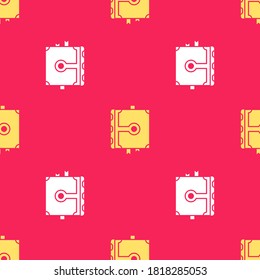 Yellow Ancient magic book with alchemy recipes and mystic spells and enchantments icon isolated seamless pattern on red background.  Vector Illustration