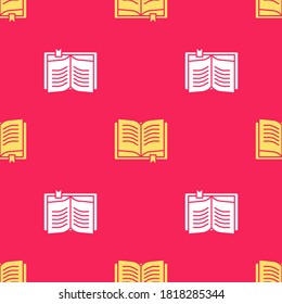 Yellow Ancient magic book with alchemy recipes and mystic spells and enchantments icon isolated seamless pattern on red background.  Vector Illustration