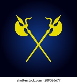 Yellow Ancient Weapon Tool Equipment. icon  on a blue background