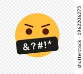 Yellow Angry Face Emoji. Obscene Language. Swearing or Vulgar Word on black bar. Bad Word and Behaviour. Swearing Emoticon icon. Emoji icon with Censored black bar. Vector illustration.