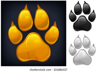 Yellow animal paw print isolated on black, vector illustration