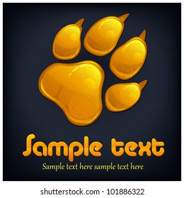 Yellow animal paw print and text isolated on black, vector illustration