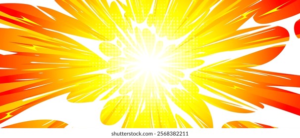 Yellow anime explosion background. Vector cartoon illustration of bright orange and red paint splash, comic style battle speed, superhero appearance effect, radial burst, fight animation banner