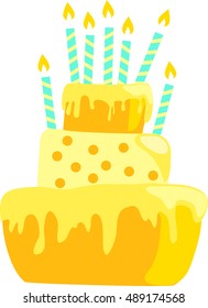 Yellow anniversary cake with candles decorations in light pastel colors.
