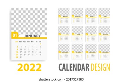 Yellow annual desk monthly calendar template for 2022 year. Vector schedule daily planner 2022 year. Modern english simple calendar with date.