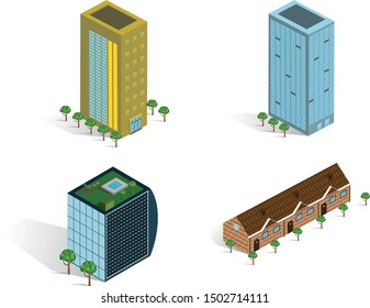 Yellow Apartment Building, Blue Office Building, A Futuristic Office Building With Solar Panels And Green Roof And Single Family Homes. Isometric Buildings