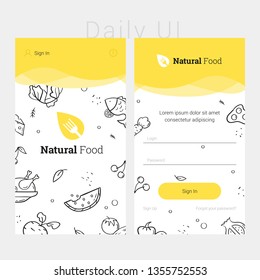 Yellow app design template of natural food. Concept food interface design. Modern flat design template