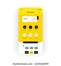 Yellow app download Markt UI, UX, GUI Bildschirm für mobile Apps Design. Modernes, reaktionsfähiges Design für mobile Anwendungen einschließlich Musik, Fotoeditoren, Filmkategorien