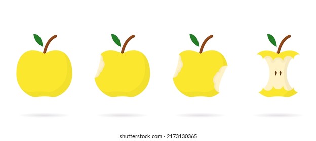 Yellow Apple Bite Stage Concept. Step of Eating Apple from Whole to Half and Core. Healthy Fresh Organic Food. Isolated Vector Illustration.