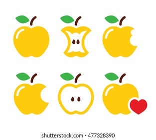 Yellow apple, apple core, bitten, half vector icons