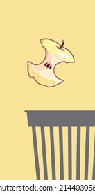 El núcleo de manzana amarilla vuela hacia la basura. La manzana a medio comer es arrojada a la basura. Arroja basura. Vector aislado