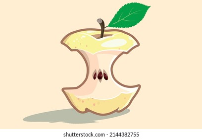 Yellow apple core. The half-eaten apple vector isolated on a beige background. Throw out waste