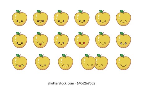 Yellow apple cute kawaii mascot. Set kawaii food faces expressions smile emoticons. 