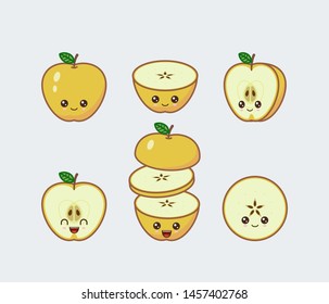 Yellow apple cute kawaii mascot. Set of funny kawaii drawn fruit in the cut