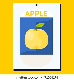 Yellow apple with green leaf on blue background on white card with inscription Apple. Simple decorative card for various occasions.