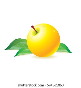 Yellow apple with green leaves