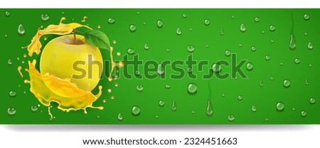 Yellow apple in juice splash on green background with drops. Cold apple drink label 3d. Place for text. Fresh beverage