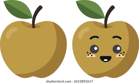 Yellow apple with kawaii eyes. Flat design vector illustration of yellow apple.