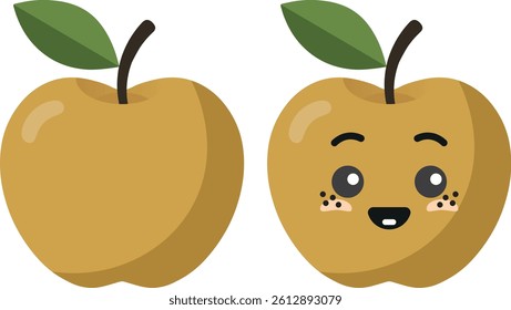 Yellow apple with kawaii eyes. Flat design vector illustration of yellow apple.