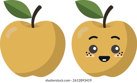 Yellow apple with kawaii eyes. Flat design vector illustration of yellow apple.