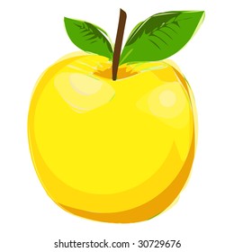 Yellow apple with leaves. Vector illustration.